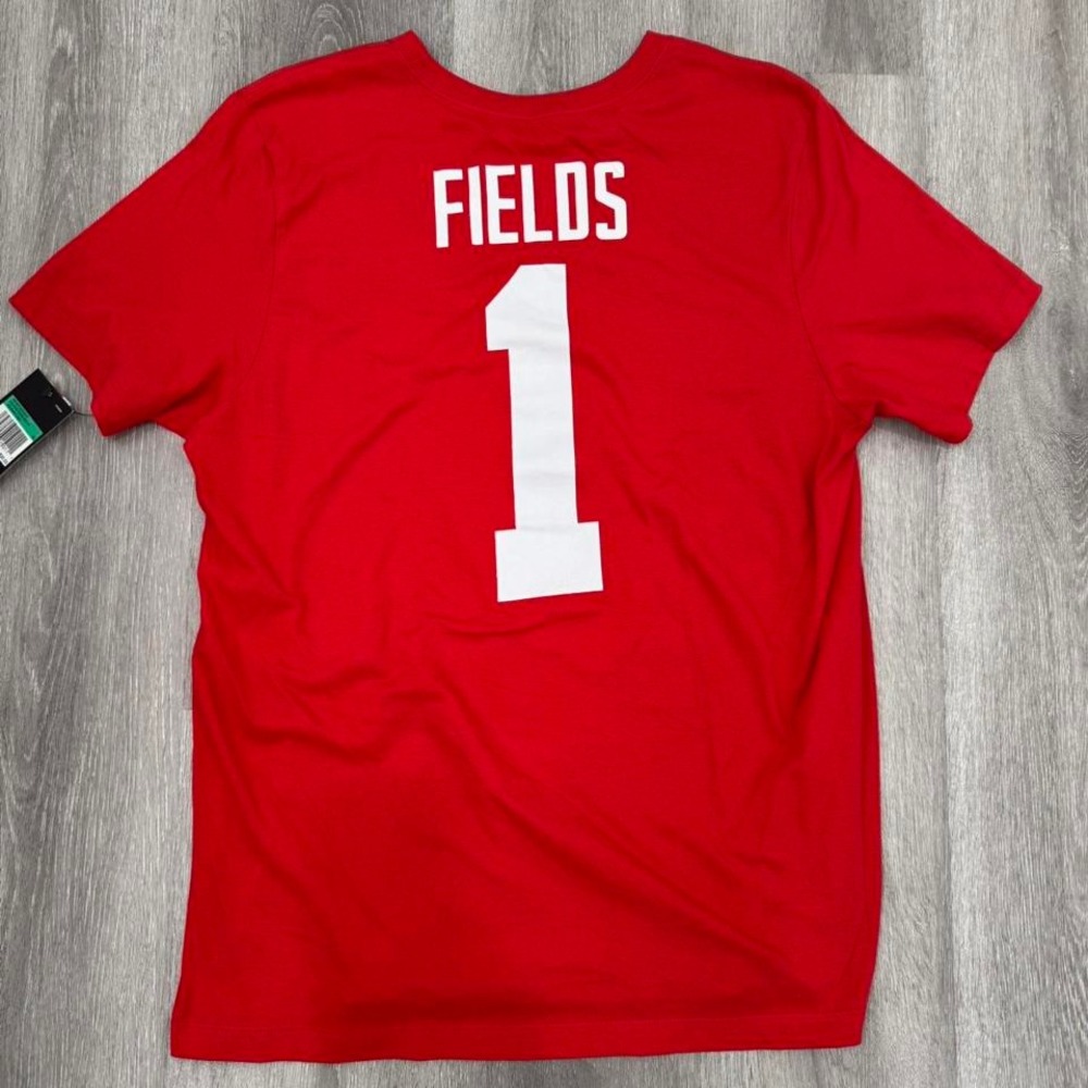 Justin Fields Nike Ohio State Buckeyes red and white Jersey graphic tee #1 NWT